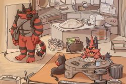 bag creatures_(company) evolutionary_line family furry game_freak gen_7_pokemon hisashino incineroar kitchen litten nintendo plate pokemon pokemon_(creature) pokemon_sm refrigerator rice_cooker stool tissue_box torracat trash_can