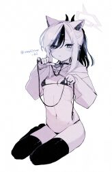 1girl animal_ears bdsm bikini blue_archive blush breasts bright_pupils cat_ears closed_mouth collar collarbone commentary_request earclip extra_ears halo highres holding holding_leash hood hooded_jacket horns jacket kayoko_(blue_archive) kisaka leash long_sleeves looking_at_viewer medium_hair micro_bikini mole mole_on_collarbone nail_polish navel_piercing parted_bangs piercing ponytail ribs sidelocks sitting slave small_breasts solo stomach swimsuit thighhighs towel twitter_username unzipped yokozuwari