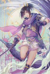 bird black_hair cape gloves hair_ornament japanese_clothes katana kimono legs lips mori_ranmaru ponytail sengoku_musou sword weapon yoshicha
