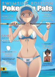 2girls bare_arms bare_shoulders bikini black_hair blue_bikini blue_eyes blue_hair blue_headwear bracelet breasts cleavage collarbone cover dark-skinned_female dark_skin english_text fake_magazine_cover flipped_hair gold_bracelet gold_choker golf_club highres holding holding_golf_club jewelry kahili_(pokemon) large_breasts light_blue_hair long_hair magazine_cover mole mole_under_eye multicolored_bikini multiple_girls nintendo olivia_(pokemon) pink_bikini pink_lips pokemon pokemon_sm short_hair swimsuit two-tone_bikini visor_cap vivivoovoo white_bikini