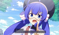 Rule 34 | 1girl, ahoge, anime coloring, black hat, black undershirt, blue eyes, blue hair, blue jacket, blue sky, blunt bangs, building, chaakusu, commentary request, emphasis lines, fake screenshot, fang, goggles, hair between eyes, hair ornament, hairclip, hat, hat ribbon, highres, jacket, large hat, leaf, leaning to the side, long hair, long sleeves, looking at viewer, open mouth, otomachi una, otomachi una (voicepeak), outdoors, pink stripes, pointing, pointing at viewer, portrait, puffy long sleeves, puffy sleeves, red-framed eyewear, ribbon, sailor collar, sailor jacket, shirt, shoulder strap, sky, smile, solo, striped ribbon, subtitled, translation request, tree, turtleneck, turtleneck shirt, twintails, very long hair, voicepeak, white ribbon, white sailor collar