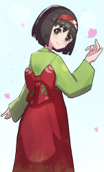 Rule 34 | 1girl, black eyes, black hair, bow, chaki illustrator, closed mouth, commentary request, erika (pokemon), falling petals, floral print, green kimono, hairband, hakama, hand up, highres, japanese clothes, kimono, long sleeves, looking back, nintendo, petals, pokemon, pokemon lgpe, red bow, red hairband, red hakama, short hair, smile, solo, white background