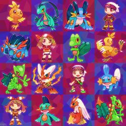 2boys 2girls bandana beanie bike_shorts_under_skirt blaziken brendan_(pokemon) brown_hair claws colored_sclera combusken creatures_(company) crossed_arms deformed game_freak gen_3_pokemon grovyle hat kanafumi_(spindle) marshtomp may_(pokemon) mega_blaziken mega_pokemon mega_ring mega_sceptile mega_swampert mudkip multiple_boys multiple_girls multiple_persona nintendo open_mouth pokemon pokemon_(creature) pokemon_oras pokemon_rse red_bandana sceptile solid_oval_eyes swampert torchic treecko yellow_sclera