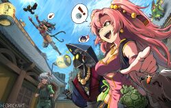 1boy 1other 5girls a-shuo_(zenless_zone_zero) anby_demara animal_ears bangboo_(zenless_zone_zero) bead_necklace beads belle_(zenless_zone_zero) billy_kid bird black_bird black_gloves black_hair black_hat blue_hair breasts burger cat_ears cat_tail china_dress chinese_clothes cleavage clothing_cutout dog dress earrings eating elbow_gloves fingerless_gloves food gloves green_eyes hair_ornament hairclip hat hedrick_art highres holding holding_burger holding_food humanoid_robot jewelry ju_fufu jumping mole mole_on_breast mole_under_eye multiple_girls multiple_tails necklace nekomiya_mana nicole_demara outdoors pink_hair robot robot_boy short_hair smile speech_bubble spiked_hair tail thought_bubble tiger_ears tiger_girl tiger_tail two_tails underboob_cutout white_hair yellow_eyes zenless_zone_zero