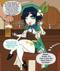 alcohol aphrodisiac beer black_hair blue_eyes blush braid bullycon clueless drugs english_text feminine foam genshin_impact glass highres male_focus one_eye_closed tongue tongue_out venti_(genshin_impact) wink
