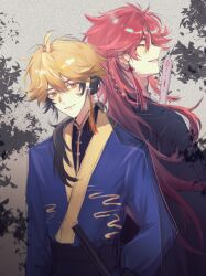 2boys alternate_costume alternate_hair_length alternate_hairstyle back-to-back black_hair black_hanfu blonde_hair blue_hanfu braid chinese_clothes chinese_commentary closed_eyes closed_mouth earrings fang folded_fan folding_fan hair_between_eyes hand_fan hanfu highres holding holding_fan holding_weapon jewelry long_hair long_sleeves looking_at_viewer low_ponytail male_focus multicolored_hair multiple_boys orange_eyes parted_lips ponytail profile red_eyes red_hair shiguang_dailiren side_braid single_braid single_earring smile sparkle tassel tassel_earrings tree weapon xia_fei xiao_weiying yaoi yishengys