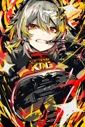 1girl breasts caesar_king_(zenless_zone_zero) chest_guard clenched_teeth fur_trim green_hair hair_between_eyes hair_ornament highres large_breasts looking_at_viewer open_mouth pale_skin prosthesis prosthetic_arm sanshoku_dango_(shukosuko) solo teeth upper_body x_hair_ornament yellow_eyes zenless_zone_zero