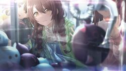 Rule 34 | 3girls, braid, brown hair, crane, crane (machine), crane game, flower, game cg, hair flower, hair ornament, highres, idolmaster, idolmaster shiny colors, idolmaster shiny colors song for prism, kuwayama chiyuki, low twin braids, multiple girls, official art, osaki amana, osaki tenka, stuffed toy, twin braids, yellow eyes