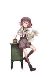 1girl :o belt black_boots black_necktie black_shoes boots brown_hair brown_socks cathy_higgins cradling_phone drawer female_focus freckles full_body green_eyes hat highres holding holding_paper medium_hair necktie official_art paper pencil phone princess_principal princess_principal_game_of_mission red_hair shoes socks solo standing standing_on_one_leg suspenders talking_on_phone transparent_background
