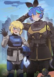 Rule 34 | 2girls, armor, blonde hair, blue eyes, blue hair, blush, c-01 permit (helldivers), clipboard, dif (difman), difman, eyepatch, full armor, helldiver (helldivers), helldivers (series), helmet, highres, looking at viewer, multiple girls, open mouth, original, scratching head, seaf soldier (helldivers), super earth salute (helldivers), sweatdrop, unworn headwear, yellow eyes