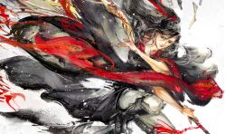 1boy between_fingers black_boots black_eyes black_hair black_hanfu boots chinese_clothes closed_mouth colored_smoke energy faux_traditional_media fighting_stance fire floating_clothes floating_hair flute flute_tassel hair_ribbon hanfu highres holding holding_flute holding_instrument holding_ofuda ink_wash_painting instrument kcllzas163 light_particles long_hair looking_at_viewer male_focus modao_zushi ofuda ofuda_between_fingers on_one_knee pants ponytail red_ribbon ribbon robe simple_background smile smoke solo talisman tassel very_long_hair wei_wuxian white_background white_pants wide_sleeves
