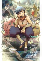 2boys :d blue_eyes blue_hair blue_pants blue_shoes breath_of_fire breath_of_fire_iv bridge brown_gloves bug butterfly commentary_request dated dragonfly ershin fingerless_gloves gloves head_rest highres insect jewelry long_hair looking_at_viewer magatama magatama_necklace male_focus maruno multiple_boys necklace open_mouth pants ponytail ryu_(breath_of_fire_iv) scias shirt shoes signature smile sunlight torn_clothes torn_sleeves watermark white_shirt