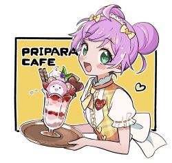 1girl :d blush bow cameo center_frills character-themed_food chocolate copyright_name cropped_torso double_bun food frilled_shirt_collar frills fruit green_eyes hair_bow hair_bun hairband heart highres holding holding_tray kuma_(pripara) looking_at_viewer manaka_laala manaka_laala_(normal) name_tag necktie open_mouth parfait pretty_series pripara puffy_short_sleeves puffy_sleeves purple_hair seihakumai shirt short_sleeves smile solo strawberry tray waitress white_hairband white_shirt yellow_bow yellow_necktie