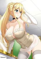 Rule 34 | 1girl, arched back, arm support, arm up, artist name, black choker, blonde hair, blush, braid, breasts, ceiling, choker, cleavage, closed mouth, collarbone, commentary, darkness (konosuba), elbow gloves, gloves, grey thighhighs, hair between eyes, hair ornament, heart, hellandheaven, highres, indoors, kono subarashii sekai ni shukufuku wo!, large breasts, leaning forward, long hair, looking to the side, mirror, patreon username, solo, thighhighs, tile ceiling, tiles, white gloves, x hair ornament
