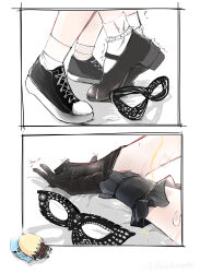 Rule 34 | 2girls, bang dream!, bang dream! it&#039;s mygo!!!!!, black gloves, black shoes, blonde hair, character doll, commentary, doll, doloris (bang dream!), feet out of frame, gloves, hashtag-only commentary, highres, holding hands, lilachinami, mask, masquerade mask, misumi uika, multiple girls, oblivionis (bang dream!), shared gloves, shoes, socks, tiptoes, togawa sakiko, white socks, yuri