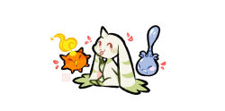 closed_eyes daily_haunted_tv digimon digimon_(creature) fire floating happy horns long_ears looking_at_viewer moonmon simple_background smile sunmon terriermon tongue tongue_out white_background