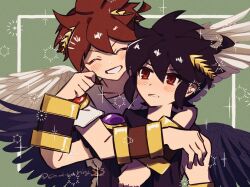 Rule 34 | 2boys, ^ ^, ahoge, androgynous, angel, angel wings, annoyed, black wings, blush, bracer, closed eyes, dark angel, dark pit, feathered wings, green background, grin, hair between eyes, hug, kid icarus, kid icarus uprising, ko iwari ngo, laurel crown, male focus, multiple boys, nintendo, pit (kid icarus), sidelocks, signature, smile, spiked hair, twitter username, v-shaped eyebrows, white wings, wings