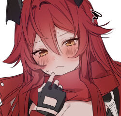 Rule 34 | 1girl, black gloves, black horns, blush, breasts, cleavage, closed mouth, commentary request, embarrassed, fingerless gloves, gloves, goddess of victory: nikke, hair between eyes, hair intakes, hand up, horns, jacket, kumo tabetai, large breasts, long hair, looking at viewer, open clothes, open jacket, red hair, red hood (nikke), red jacket, red scarf, scarf, simple background, solo, white background, yellow eyes