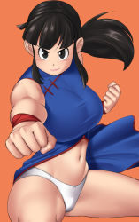 1girl black_eyes black_hair blue_dress blunt_bangs blush breasts chi-chi_(dragon_ball) china_dress chinese_clothes commentary_request commission cowboy_shot dragon_ball dress floating_hair furrowed_brow highres incoming_attack incoming_punch large_breasts lips looking_at_viewer navel nemui333 orange_background panties ponytail punching sidelocks simple_background sleeveless sleeveless_dress smile solo taut_clothes taut_dress thighs underwear white_panties wristband