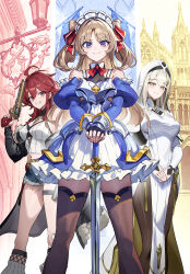 3girls ahoge architecture armor bare_shoulders black_collar black_gloves black_jacket black_pantyhose blonde_hair blue_dress blush bow bowtie bracer breastplate breasts cleavage collar commentary_request crop_top cutoffs denim denim_shorts dress feet_out_of_frame fingerless_gloves frilled_dress frilled_headwear frills fur-trimmed_jacket fur_trim gesoking gloves gold_trim grey_eyes gun hair_between_eyes hair_bow hair_ornament halter_shirt halterneck hand_up handgun highres holding holding_gun holding_sword holding_weapon jacket jewelry large_breasts leg_warmers long_hair long_sleeves looking_at_viewer maid maid_headdress micro_shorts multiple_girls navel necklace nun off-shoulder_dress off_shoulder official_art open_mouth original own_hands_together pantyhose pelvic_curtain puffy_long_sleeves puffy_sleeves purple_eyes red_bow red_bowtie revolver shirt shorts sidelocks single_bare_shoulder smile standing sword tassel thigh_strap thighhighs thighs two-sided_dress two-sided_fabric two_side_up unconventional_maid v-shaped_eyebrows veil very_long_hair weapon white_background white_dress white_hair white_shirt white_thighhighs white_veil yellow_eyes