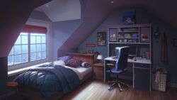 alarm_clock bed bedroom book cityscape cloak clock desk desk_lamp drawer highres indoors lamp laundry_basket monitor no_humans non-web_source official_art our_life:_beginnings_and_always photo_(object) pillow pink_theme poster_(object) radio scenery scuba_gear sign stool sunrise swivel_chair variant_set window window_blinds wooden_floor