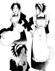 Rule 34 | 1boy, apron, blood, blood on face, clenched hand, collared dress, commentary request, cropped legs, crossdressing, dress, eroero tyaduke, frilled apron, frills, highres, juliet sleeves, long sleeves, looking ahead, looking to the side, maid, maid apron, maid headdress, male focus, male maid, multiple views, naruto (series), nervous, open mouth, parted lips, puffy sleeves, simple background, sleeve cuffs, sweat, teeth, uchiha sasuke, white background, wide-eyed, wing collar, wiping face