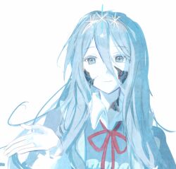 1girl apron blue_dress blue_eyes blue_hair closed_mouth colored_skin cracked_skin dream_game dress eunoia_(dream_game) hair_ornament hairband highres long_hair looking_at_viewer neck_ribbon red_ribbon ribbon roblox shiroame000 simple_background smile snowflake_hair_ornament solo very_long_hair white_apron white_background white_skin
