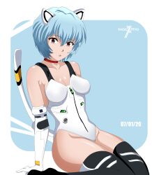 Rule 34 | 1girl, absurdres, animal ears, ayanami rei, blue hair, cat ears, cat tail, highres, indexryo, neon genesis evangelion, red eyes, short hair, swimsuit, tail