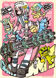 1girl belt_chain bracelet broken chain decora english_text gatling_gun gun hair_over_eyes highres jewelry lock long_bangs maid original project.c.k. ranguage skull smirk weapon