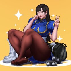1girl bag bgm198 black_hair boots bracelet brown_eyes capcom chun-li duffel_bag earrings feet jewelry long_hair pantyhose smile spiked_bracelet spikes street_fighter thick_thighs thighs