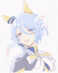 1girl animal_ears blue_eyes blue_hair blue_jacket bow bowtie bubble ear_covers hair_between_eyes highres horse_ears jacket k.s.miracle_(umamusume) looking_at_viewer open_mouth pale_color sekiyu_inu short_hair simple_background smile solo umamusume upper_body white_background