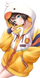 1girl animal_hood aqua_eyes black_hair closed_mouth duck_hood hand_in_pocket highres hololive hood hood_up hooded_jacket jacket long_sleeves looking_at_viewer loungewear masatoshi_1219 multicolored_jacket official_alternate_costume oozora_subaru oozora_subaru_(loungewear) short_hair simple_background smile solo subaru_duck swept_bangs virtual_youtuber w white_background white_jacket yellow_jacket