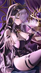 1girl absurdres black_hood black_leotard black_nails blush bocchi_(kuropom7) breasts cleavage closed_mouth detached_sleeves green_eyes hair_over_one_eye highres holding holding_smoking_pipe large_breasts leotard long_hair on_chair sitting smile smoking smoking_pipe solo thigh_strap virtual_youtuber vivienne_mysteria white_hair world_connect