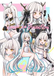 1girl animal_ears ball bare_shoulders baseball_(object) baseball_uniform blanc_(nikke) blue_outline breasts champagne_flute chiji_komari cleavage comiket_106 commentary_request cup dress drinking_glass fishnet_pantyhose fishnets frilled_dress frills gloves goddess_of_victory:_nikke grey_hair grey_shoes hair_intakes hair_ribbon headgear high_heels highres holding holding_ball holding_cup leotard long_hair medium_breasts midriff multiple_views naked_towel navel outline pantyhose playboy_bunny rabbit_ears rabbit_tail ribbon shirt shoes sportswear strapless strapless_leotard tail tied_shirt towel very_long_hair white_dress white_gloves white_leotard white_pantyhose white_ribbon white_shirt wrist_cuffs