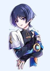 Rule 34 | 1boy, anemo symbol (genshin impact), armor, black bodysuit, black bridal gauntlets, black hair, blue cape, blue gemstone, blue kimono, blue sleeves, blunt ends, bodysuit, bridal gauntlets, cape, covered collarbone, cropped torso, drop shadow, eyeliner, eyeshadow, feathers, fingernails, gem, genshin impact, gold ring, hand on own arm, highres, japanese armor, japanese clothes, juban, kimono, kote, kurokote, layered sleeves, looking at viewer, makeup, male focus, mandarin collar, middle ring, natuo e, open clothes, open kimono, open mouth, purple eyes, red eyeliner, red eyeshadow, scaramouche (genshin impact), short sleeves, shoulder peek, smile, solo, teeth, translation request, twitter username, upper teeth only, vision (genshin impact), wanderer (genshin impact), white background, white kimono, white sleeves, wispy bangs, yellow feathers