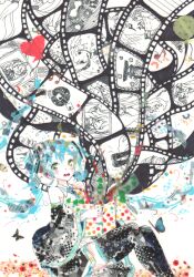 1girl 39_(vocaloid) abstract aqua_necktie balloon bare_shoulders beamed_eighth_notes black_skirt black_sleeves black_thighhighs blue_hair blush box bug butterfly collared_shirt commentary_request eighth_note feet_out_of_frame film_strip floating_hair green_eyes hair_ornament hatsune_miku heart heart_balloon holding holding_box insect long_hair masking_tape_(medium) melt_(vocaloid) mixed_media musical_note necktie open_box open_mouth senbonzakura_(vocaloid) shinkai_shoujo_(vocaloid) shirt sitting skirt sleeveless sleeveless_shirt solo song_request teeth thighhighs traditional_media twintails unconventional_media upper_teeth_only very_long_hair vocaloid white_background white_shirt yua_(mokamoka9103) zettai_ryouiki