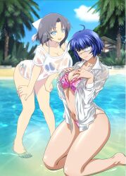 Rule 34 | 2girls, :d, ahoge, artist request, barefoot, beach, beach house, bikini, blue bikini, blue eyes, blue hair, blue sky, bow, breast suppress, breasts, cleavage, cloud, collarbone, crossover, day, eyepatch, floral print bikini, green eyes, grey hair, hair bow, hands on own thighs, ikkitousen, kneeling, large breasts, leaning forward, linea alba, long sleeves, looking at viewer, medical eyepatch, mole, mole under mouth, multiple girls, navel, non-web source, official art, open mouth, outdoors, palm leaf, palm tree, parted bangs, pink bikini, ryomou shimei, sand, senran kagura, senran kagura new wave, senran kagura shinovi versus, shiny skin, shirt, shore, short hair, short sleeves, side-tie bikini bottom, sky, smile, standing, string bikini, striped bow, swimsuit, teeth, thong bikini, tree, upper teeth only, water, wet, wet clothes, wet shirt, white bow, yaegashi nan, yumi (senran kagura)