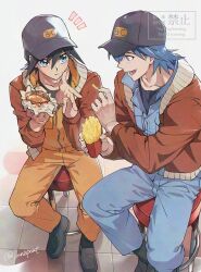 2boys alternate_costume baseball_cap black_hair black_hat blue_hair blue_jacket blue_pants brown_jacket bruno_(yu-gi-oh!) burger food french_fries fudo_yusei full_body hat highres holding holding_burger holding_food jacket lunapont male_focus multiple_boys orange_jacket orange_pants pants sitting yu-gi-oh! yu-gi-oh!_5d&#039;s