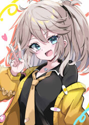 1girl aqua_nails black_shirt blonde_hair blue_eyes breasts fang fingerless_gloves gloves highres jacket kasukabe_tsumugi light_blush long_hair magatama necktie omochishiki open_mouth puffy_sleeves shirt skin_fang smile solo upper_body v voicevox yellow_jacket yellow_necktie