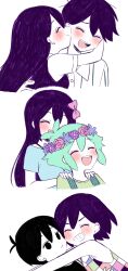 2girls 4boys :d :t ^_^ absurdres antenna_hair aubrey_(headspace)_(omori) aubrey_(omori) bare_shoulders basil_(headspace)_(omori) basil_(omori) behind_another black_eyes black_hair black_tank_top blue_flower blue_shirt blush bow brother_and_sister brothers buttons checkered_clothes cheek-to-cheek child closed_eyes closed_mouth collared_shirt colored_skin commentary cropped_torso dot_nose double-parted_bangs english_commentary flower flower_wreath green_hair green_shirt grin hair_behind_ear hair_between_eyes hair_bow hand_on_another&#039;s_back happy head_wreath heads_together hero_(headspace)_(omori) hero_(omori) hetero highres hug_from_side jian_jing kel_(headspace)_(omori) kel_(omori) long_hair mari_(headspace)_(omori) mari_(omori) multiple_boys multiple_girls omori omori_(omori) open_mouth pink_bow pink_flower pink_rose profile purple_flower purple_hair purple_sweater_vest rose round_teeth shirt short_hair short_sleeves siblings sidelocks simple_background smile straight_hair sweater_vest tank_top teeth tongue upper_teeth_only v-shaped_eyebrows very_short_hair white_background white_shirt white_skin