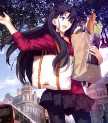 Rule 34 | 1girl, absurdres, bag, baguette, black hair, black pantyhose, black skirt, blue eyes, bread, brown bag, building, bus, collarbone, collared shirt, cropped, fate/stay night, fate/unlimited blade works, fate (series), female focus, food, grocery bag, hair between eyes, highres, holding, holding bag, holding food, holding newspaper, holding vegetable, lamppost, long hair, long sleeves, miniskirt, motor vehicle, newspaper, official art, open mouth, pantyhose, parted bangs, pleated skirt, red shirt, shirt, shopping bag, shoulder bag, skirt, smile, solo, solo focus, takeuchi takashi, tohsaka rin, traffic light, vegetable, white bag