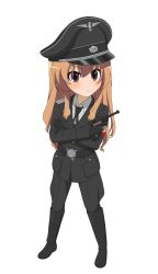 absurdres aisaka_taiga armband belt belt_buckle black_boots black_hat blush boots buckle collared_shirt german_clothes gun handgun hat highres jewelry luger_p08 military_uniform nazi nazi_uniform necklace necktie peaked_cap pistol reichsadler shirt weapon