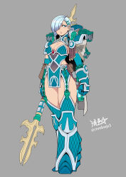 1girl alpha_legion alpharius alpharius_omegon armor breastplate breasts camouflage cape center_opening chain cleavage cleavage_cutout cloak closed_mouth clothing_cutout full_armor gauntlets genderswap genderswap_(mtf) greaves grey_background hair_over_one_eye highres holding holding_polearm holding_weapon looking_at_viewer navel navel_cutout omegon pauldrons plasma_pistol polearm power_armor primarch ryuusei_(mark_ii) short_hair shoulder_armor signature simple_background spear standing sword undercut warhammer_40k weapon white_hair