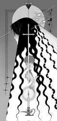 2boys benkdjjituibot black_eyes black_hair border candlestand cloak greyscale hair_between_eyes highres holding hood hood_up kim_dokja looking_at_viewer monochrome multiple_boys omniscient_reader&#039;s_viewpoint ornate_border secretive_plotter short_hair sun_behind_head sword tears torn_clothes upper_body weapon