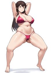 1girl akagi_(kancolle) alternate_breast_size armpits arms_behind_head bikini breasts brown_hair cameltoe cleavage full_body gluteal_fold highres kantai_collection large_breasts long_hair navel no_shoes open_mouth rakutosu red_bikini simple_background solo spread_legs standing swimsuit toes white_background wide_hips yellow_eyes