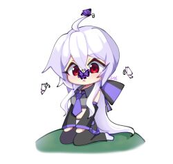 Rule 34 | 1girl, :&lt;, ahoge, back bow, black bow, black pants, black sleeves, blush, bow, bug, butterfly, butterfly on nose, chibi, chibi only, commentary, detached sleeves, grey shirt, hair between eyes, hashtag-only commentary, insect, kneeling, looking at animal, midriff, necktie, on grass, pants, purple bow, red eyes, saw art06, shirt, shoes, short necktie, simple background, sleeveless, sleeveless shirt, solo, symbol-only commentary, vocaloid, white background, white hair, white shoes, yowane haku