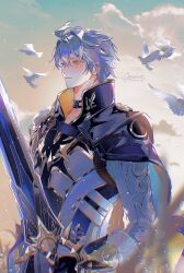 1boy antenna_hair armor artist_name bird black_choker black_gloves black_shirt blue_cape blue_eyes blue_sky cape choker coat commentary dove fingerless_gloves gloves highres holding holding_sword holding_weapon honkai:_star_rail honkai_(series) looking_to_the_side male_focus omces96 outdoors pauldrons phainon_(honkai:_star_rail) shirt short_hair shoulder_armor signature single_pauldron sky solo sword twitter_username upper_body weapon white_coat white_hair
