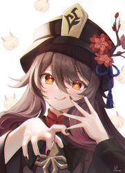 1girl :d black_headwear black_nails brown_hair flower genshin_impact highres hilichurl_(genshin_impact) horns hu_tao_(genshin_impact) long_hair long_sleeves looking_at_viewer mask nail_polish open_mouth plum_blossoms prana_(prana12) red_eyes smile solo star-shaped_pupils star_(symbol) symbol-shaped_pupils twintails