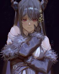 1girl absurdres black_background black_gloves black_hair black_horns black_sleeves black_vest closed_mouth clothing_cutout colored_inner_hair commentary dinn_(artofdinn) english_commentary fur-trimmed_sleeves fur_trim gloves hand_on_own_face highres hololive hololive_english horns long_hair looking_at_viewer mole mole_under_eye multicolored_hair nerissa_ravencroft nerissa_ravencroft_(1st_costume) red_eyes shirt shoulder_cutout solo vest virtual_youtuber white_shirt