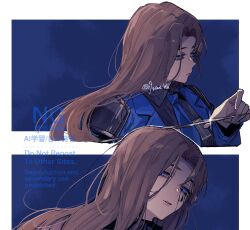 Rule 34 | 09wave hb, 1girl, armor, blue background, blue eyes, blue jacket, brown hair, closed mouth, coat, collared shirt, crying, crying with eyes open, e.g.o (project moon), english text, highres, jacket, limbus company, lobotomy corporation, long hair, long sleeves, looking at viewer, necktie, open mouth, parted bangs, parted lips, project moon, rodion (project moon), shirt, shoulder armor, shoulder pads, simple background, sparkle, sword, tears, the sword sharpened with tears (e.g.o), twitter username, very long hair, weapon, white background